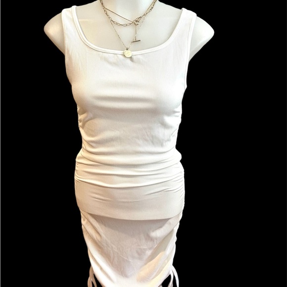 Boutique White Ribbed Tee Sleeveless Dress W/Ruching SZ S - Picture 1 of 10